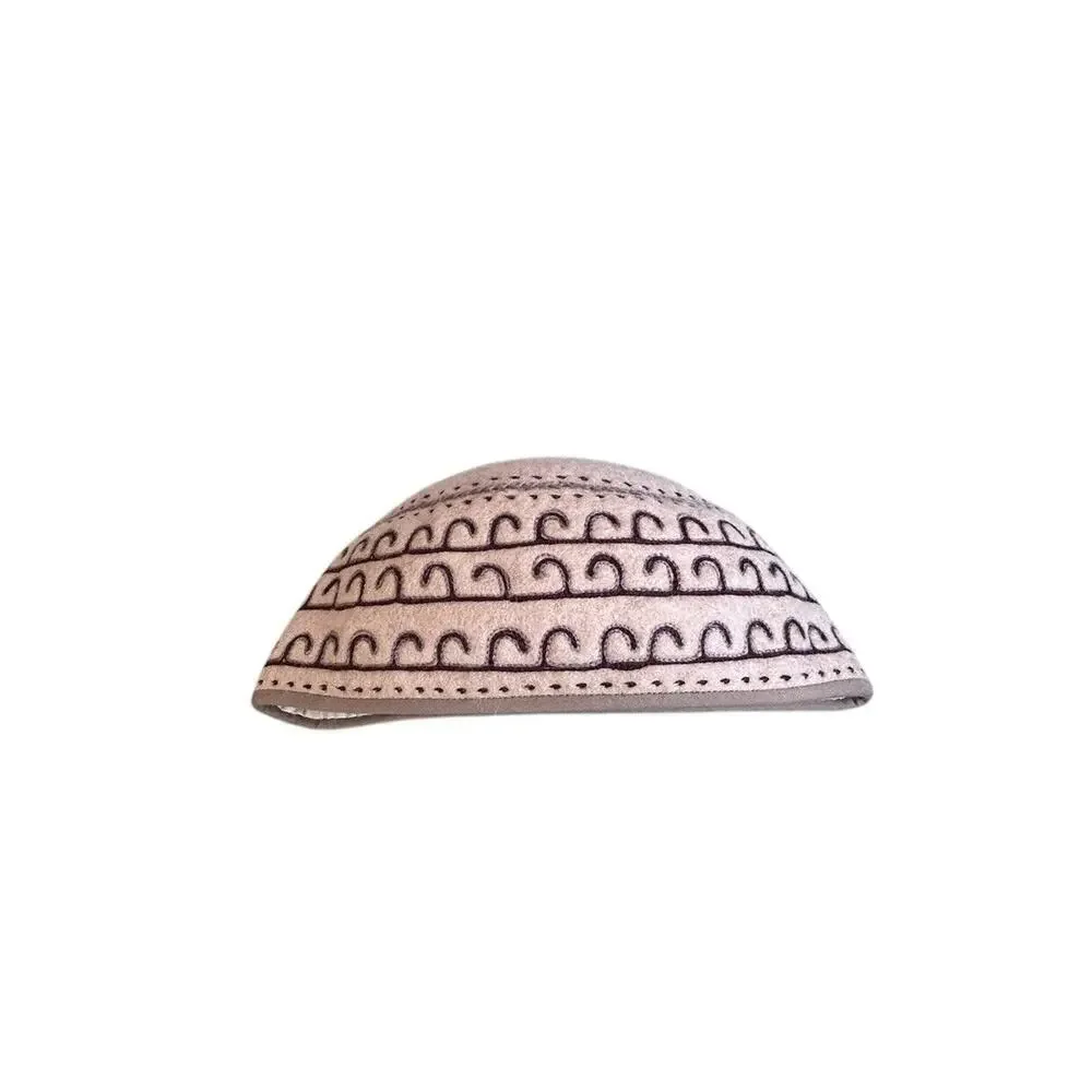Kyrgyzstan Sheep Wool Beanie Beige And Brown Winter Hat Tumar Art Group